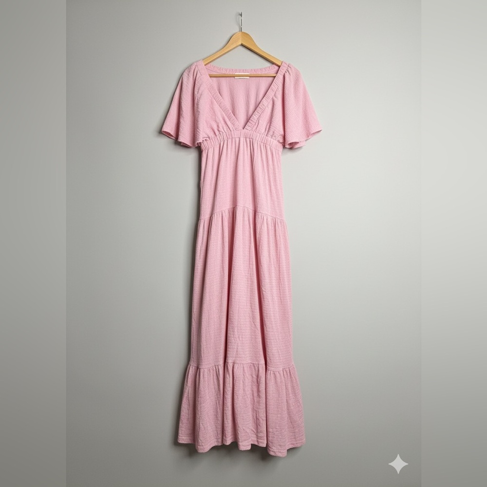 Kiki Bell Pink Maxi Dress – Size L | Flutter Sleeve Boho Tiered Style